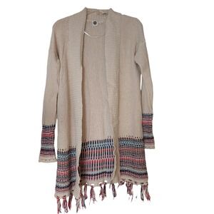 Roxy Long Fringe Open Front Cardigan Women's Large Beige Cream Boho Festival